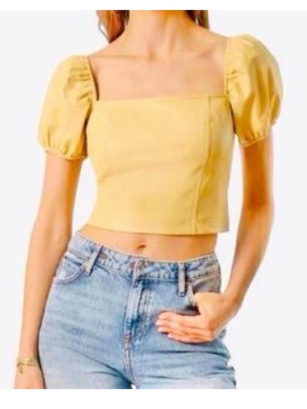 7 For All Mankind Faux Leather Butter Yellow Square-Neck Puff Sleeve Crop Top